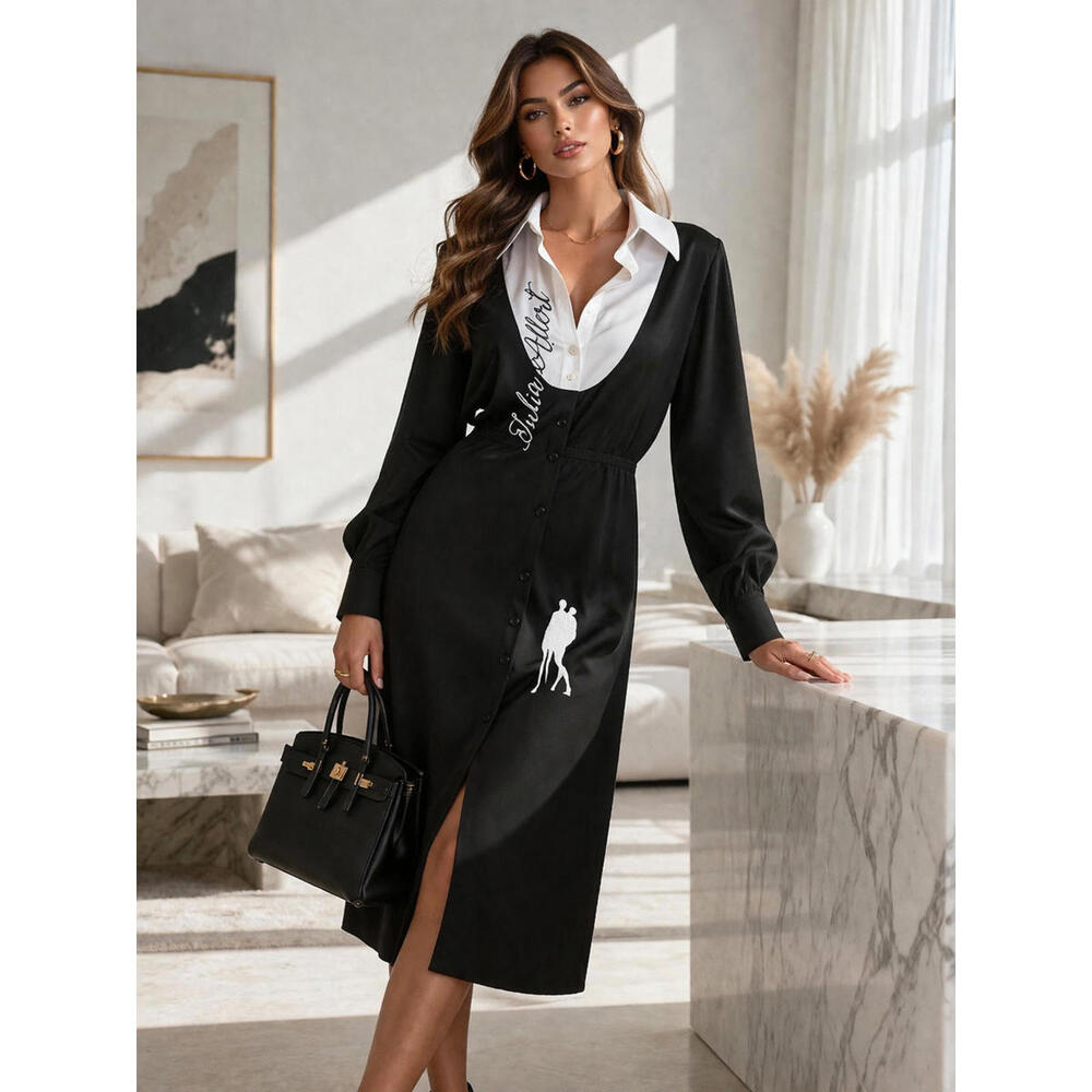 Julia Allert Art-Inspired Monochrome Shirt Dress w/ Embroidery